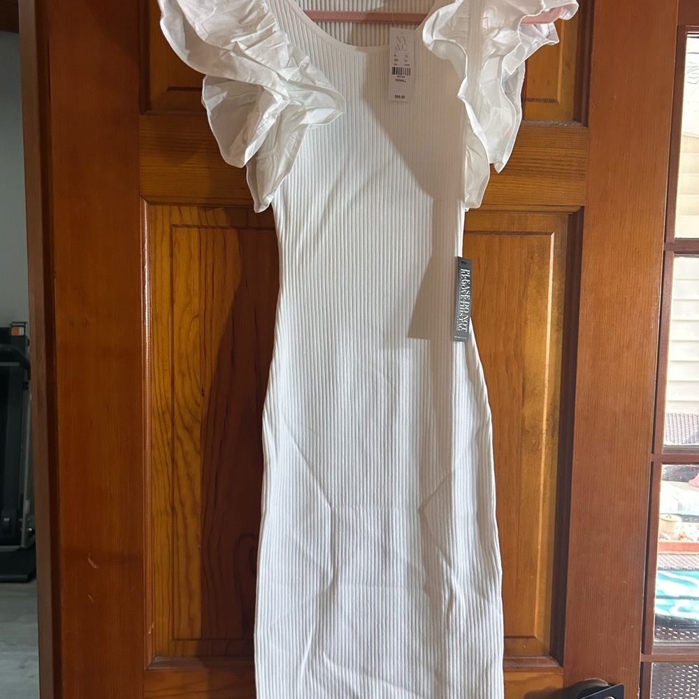 New York & Company White Ruffled Ribbed Midi Dress